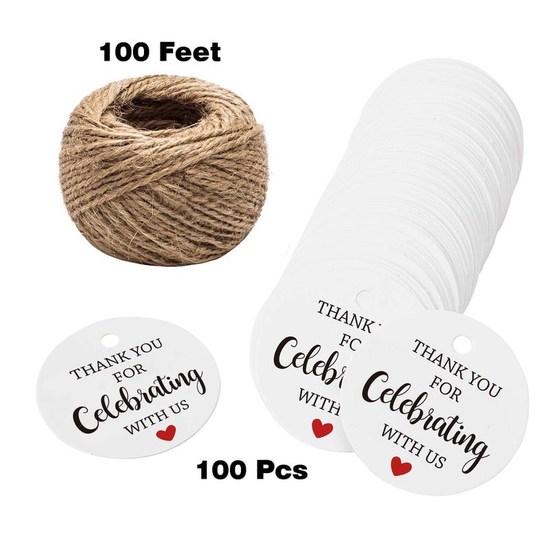 Mr.Mug Thank You for Celebrating with Us Tags, 100Pcs White Thank You Tags for Wedding Birthday Baby Shower Party Favors, Paper Gift Tags with 100 Feet Jute String - Image 3